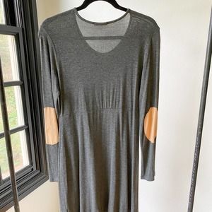 12PM by MON AMI Women's Gray/Tan Jersey Knit Long Sleeve Elbow Patch Dress  sz S